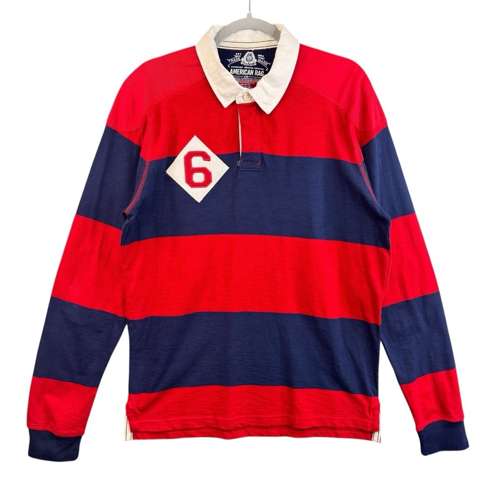 American‎ Rag Rugby Shirt Men's Large Red Navy Striped Long Sleeve Polo Cotton